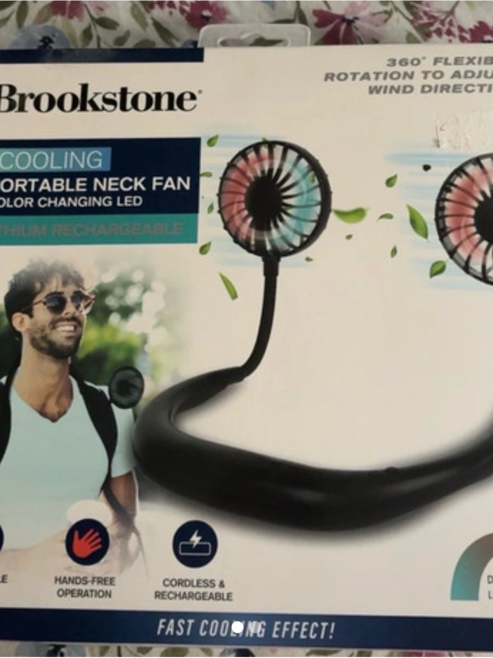 Brookstone Black Portable Neck Fan with Multi-Color LED Blades